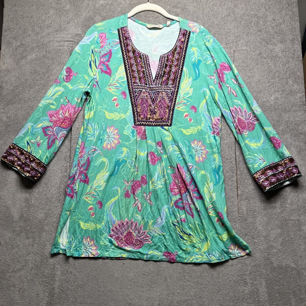 Soft Surroundings Floral Embroidered Tunic Top Green Boho Resortwear M